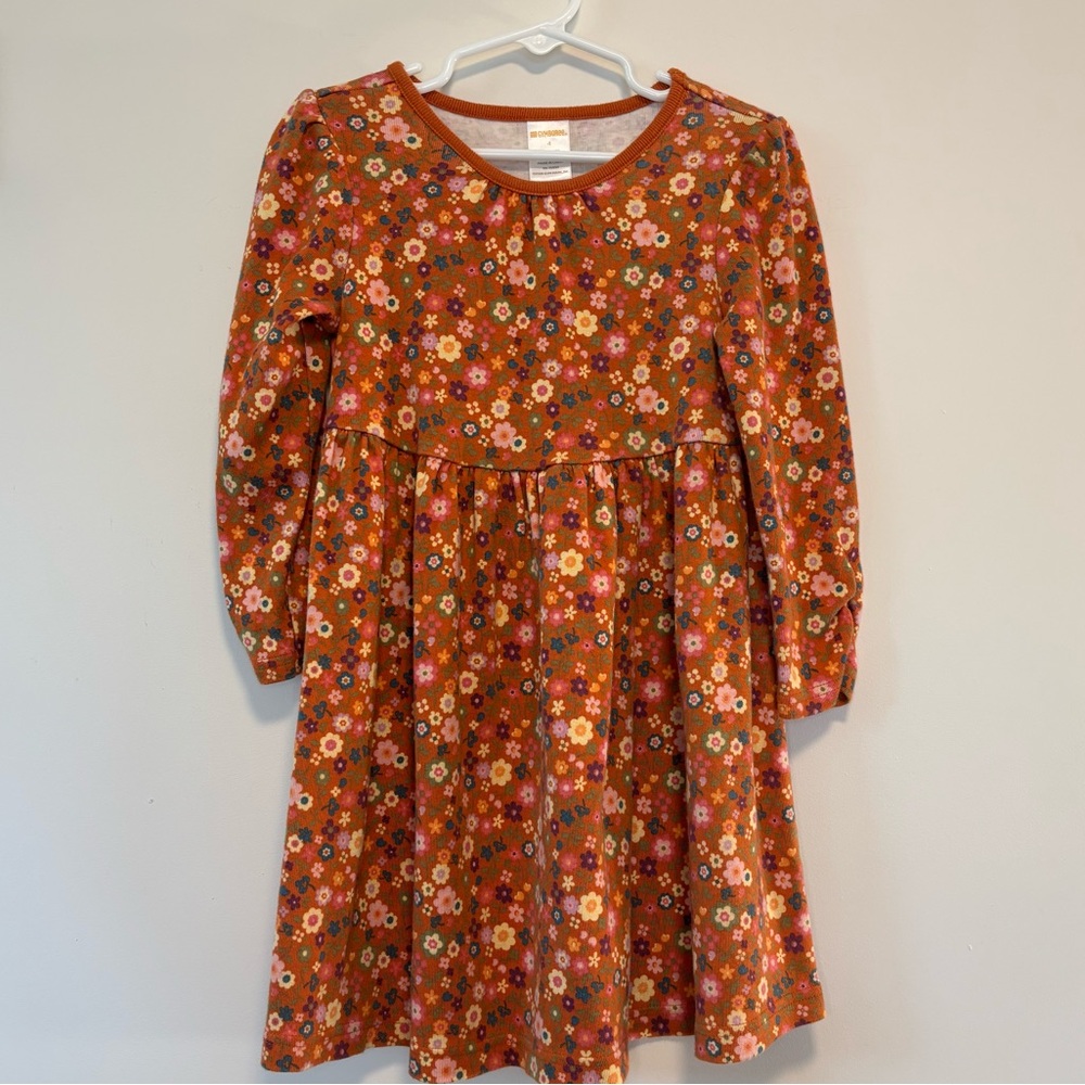 Vintage Gymboree Dark Orange Floral Print Long Sleeve Cotton Dress Girl Size 4
